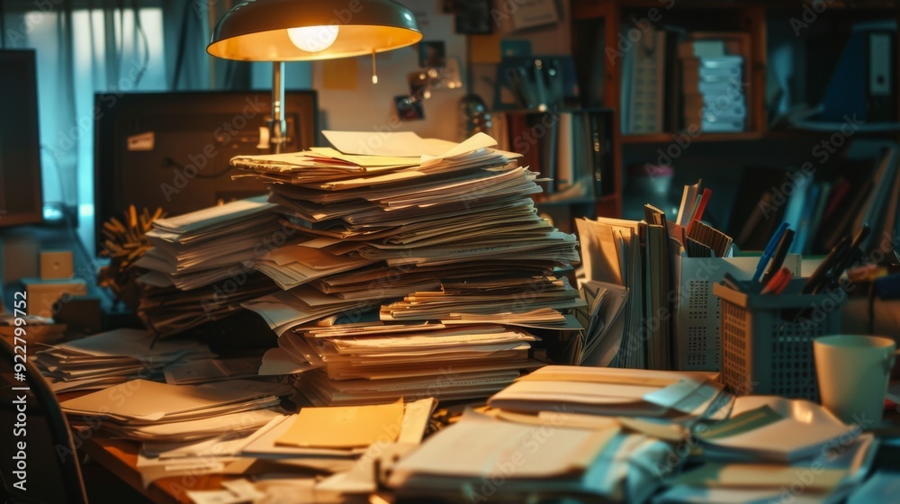 Obraz premium A cluttered office desk with an overflowing stack of papers, files, and envelopes, illustrating a stressful work environment.