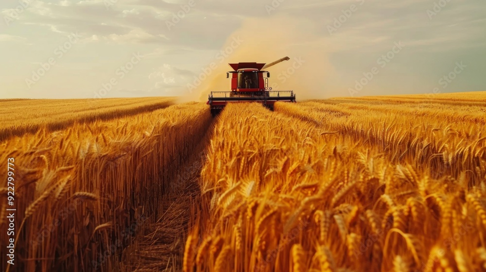 Fototapeta premium A combine harvester working through a vast wheat field, representing the harvest season and agricultural productivity.