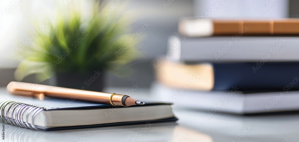 A close-up of stationery with a pen resting on a notebook beside stacked books, creating an inviting study atmosphere. A close-up of stationery with a pen resting on a notebook beside stacked books, creating an inviting study atmosphere.