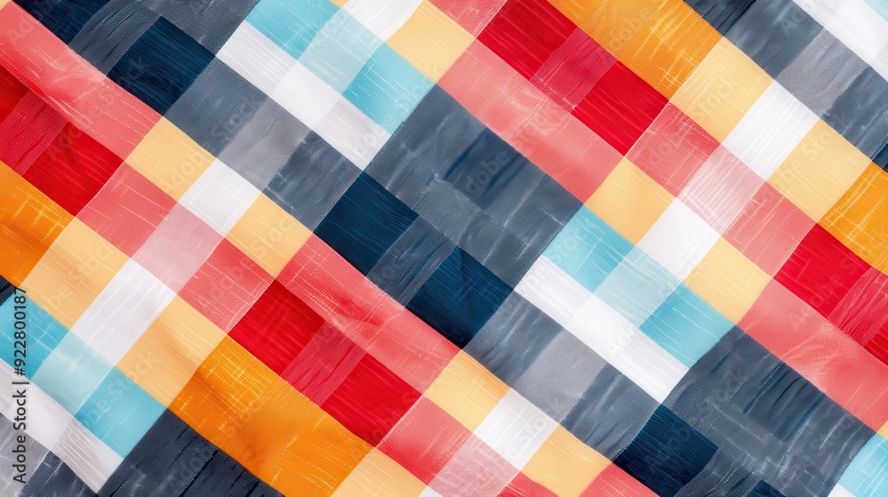 A vibrant plaid fabric showcases colorful squares in various tones, creating an engaging textile pattern A vibrant plaid fabric showcases colorful squares in various tones, creating an engaging textile pattern