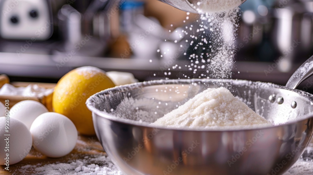 A kitchen scene with sugar being measured into a mixing bowl, ready for baking, symbolizing preparation and creativity. A kitchen scene with sugar being measured into a mixing bowl, ready for baking, symbolizing preparation and creativity.
