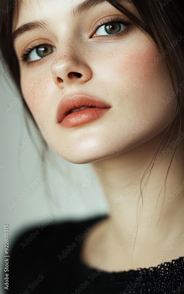 A close-up portrait of a young woman showcasing natural beauty and soft makeup against a neutral background. A close-up portrait of a young woman showcasing natural beauty and soft makeup against a neutral background.