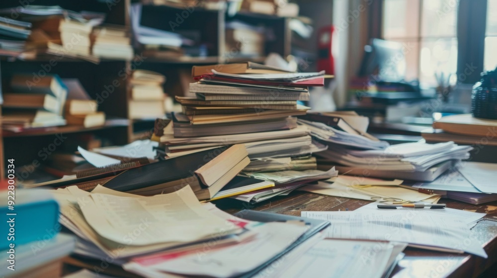 A large pile of disorganized files, documents, and reports scattered across a desk, emphasizing the need for better organization. A large pile of disorganized files, documents, and reports scattered across a desk, emphasizing the need for better organization.