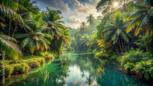Tropical forest landscape with a winding river , lush, dense, greenery, vibrant, wild, exotic, picturesque, tranquil, serene