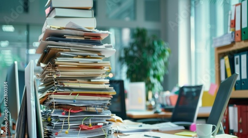 A large stack of reports, documents, and folders piled high on a desk, showcasing an overwhelming workload in a modern office.