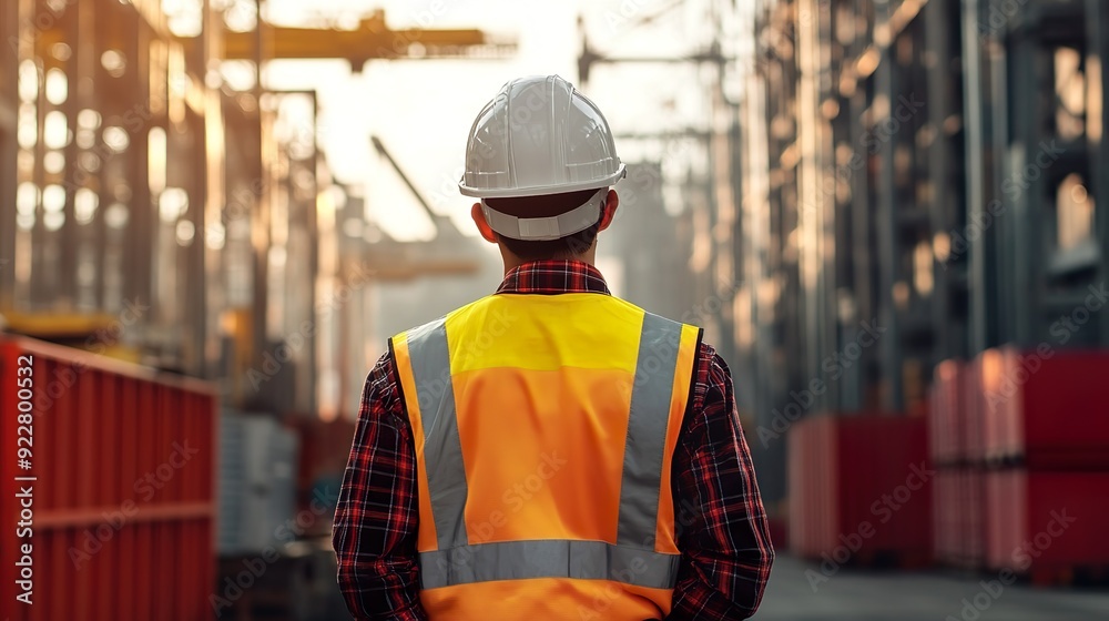 Fototapeta premium Rear View of Worker Overlooking Industrial Port with Cargo Containers and Cranes