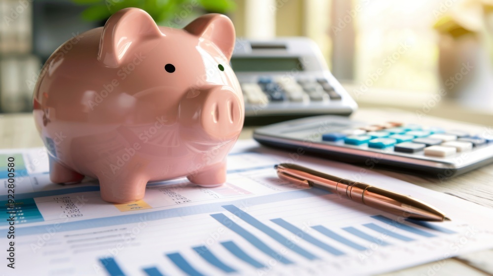 A piggy bank sitting on top of a financial plan, with a pen and calculator nearby, symbolizing the role of savings in financial success. A piggy bank sitting on top of a financial plan, with a pen and calculator nearby, symbolizing the role of savings in financial success.