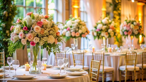 Indoor wedding table setup with fresh flowers , wedding, table setting, party, decoration, elegant, flowers