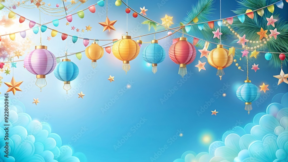 Fototapeta premium Tranquil sky blue background with festival decorations, festival, decorations, serene, peaceful, calming, blue, background