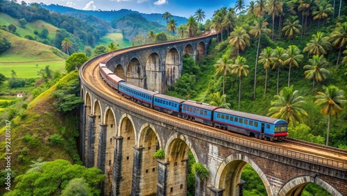 Udarata Menike train on the iconic Demodara Nine Arch Bridge, Sri Lanka, transportation, railroad, landmark, scenic, arches photo