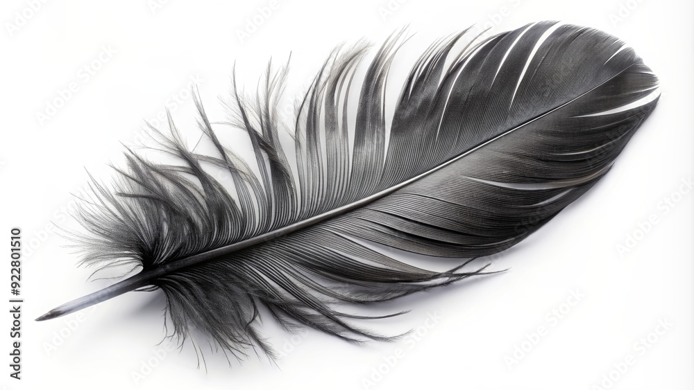 Stunning black feather isolated on white background, black, feather, isolated, elegant, contrast, delicate, airy, fluffy Stunning black feather isolated on white background, black, feather, isolated, elegant, contrast, delicate, airy, fluffy