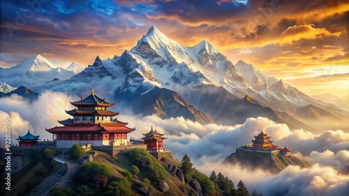 Majestic Chinese painting of sacred Mount Everest with spiritual vibes and stunning scenery , Mount Everest