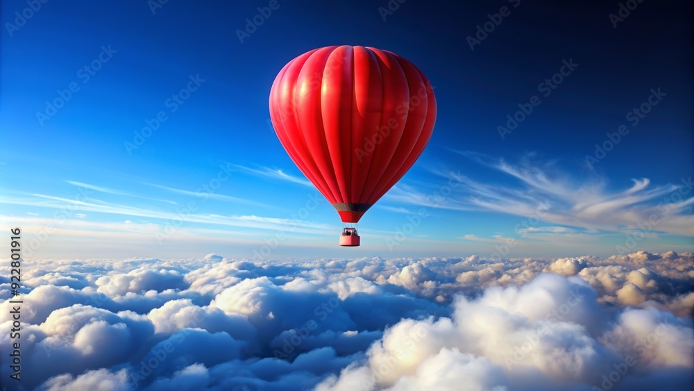 Fototapeta premium Red hot air balloon floating gracefully above fluffy white clouds in a clear blue sky, red, hot air balloon, floating