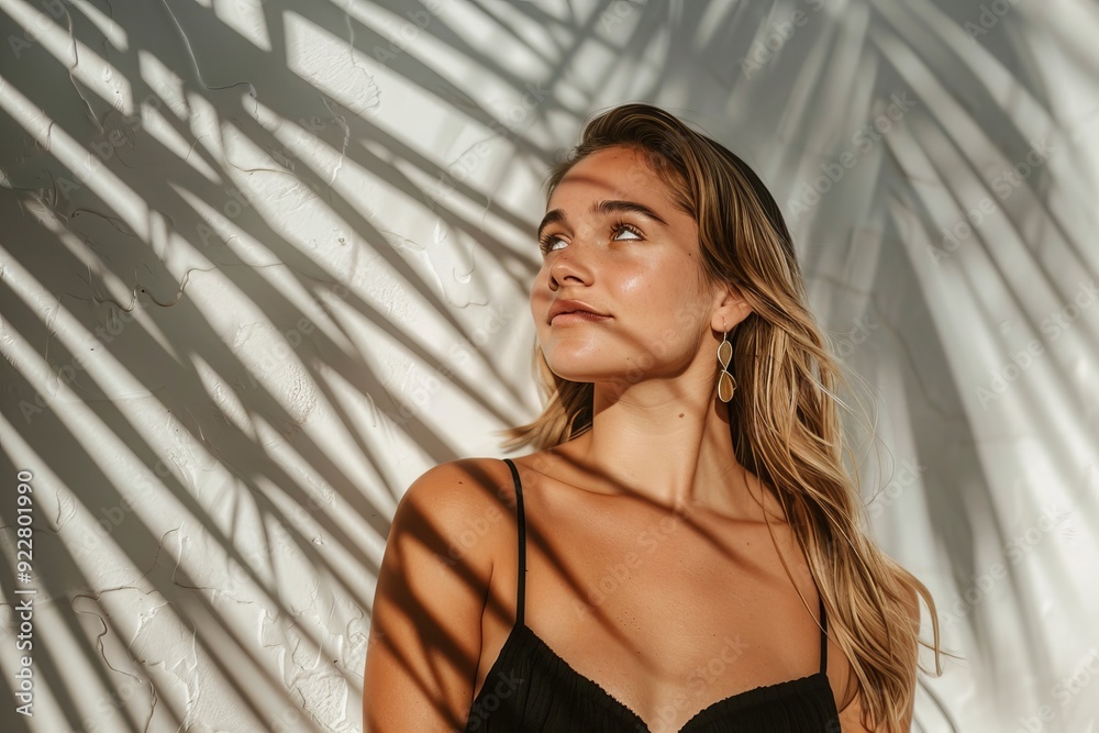 Stylish brunette woman in dark-green top enjoys sunny weather near white wall with palm leaf shadow. Stylish brunette woman in dark-green top enjoys sunny weather near white wall with palm leaf shadow.