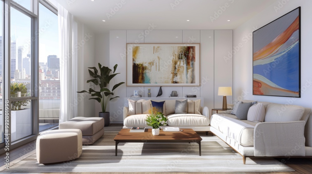 Fototapeta premium A spacious studio apartment setup with modern furnishings, art, and a large window, representing a stylish and functional living space.