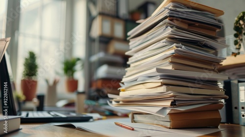 A stack of official documents and files piled high on an office desk, reflecting overwhelming paperwork. Minimalist background.