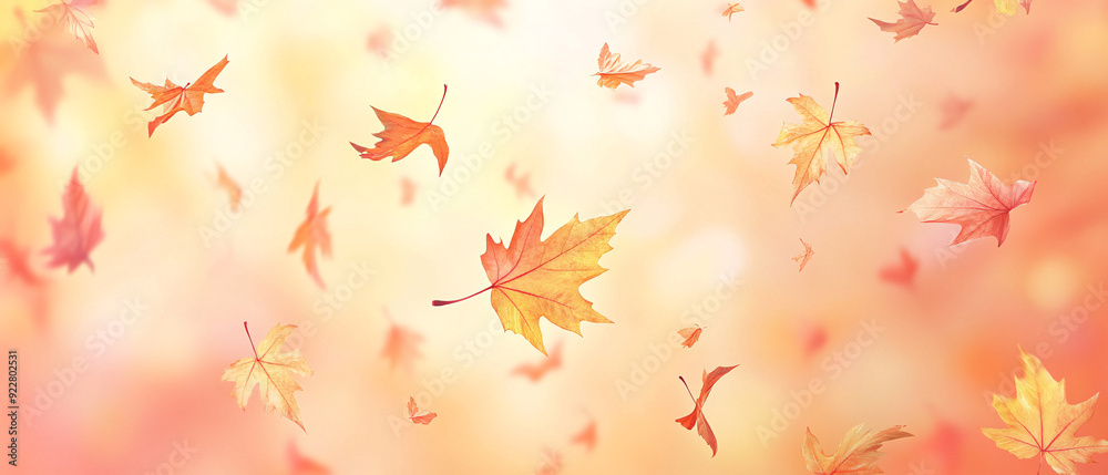 Beautiful autumn background with floating maple leaves in orange and yellow on a blurred background. Beautiful autumn background with floating maple leaves in orange and yellow on a blurred background.