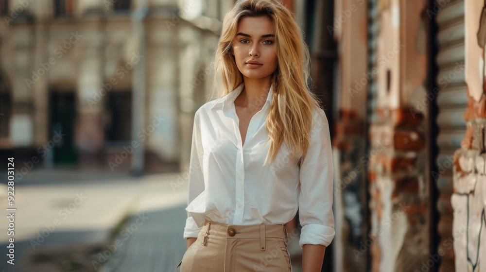 Walking confidently down a city street adorned with trendy outfits. Stock simulation. Walking confidently down a city street adorned with trendy outfits. Stock simulation.