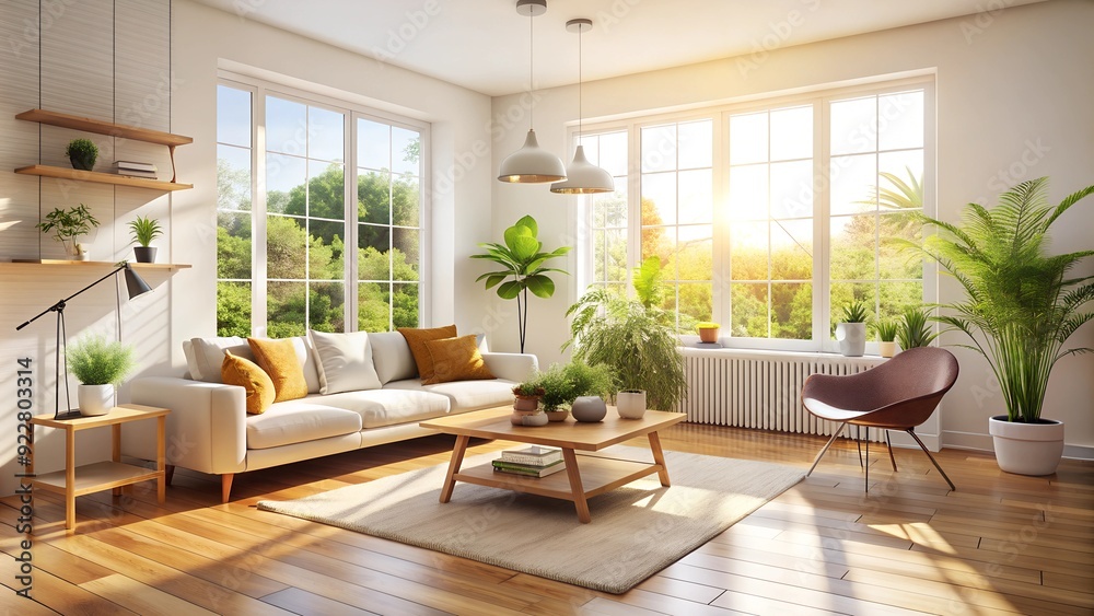 Bright and airy sunlit room with minimalistic decor Bright and airy sunlit room with minimalistic decor