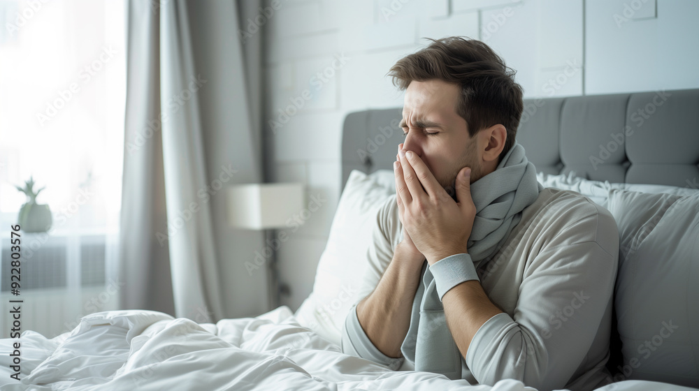 Man sitting in bed with a scarf, appearing sick or tired, covering his mouth while yawning or coughing, in a softly lit bedroom Man sitting in bed with a scarf, appearing sick or tired, covering his mouth while yawning or coughing, in a softly lit bedroom