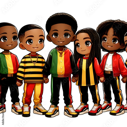 Black Chibi Style Cartoon Children Holding Hands Wearing Striped Clothing in Pan African Colors, Clipart Illustration photo