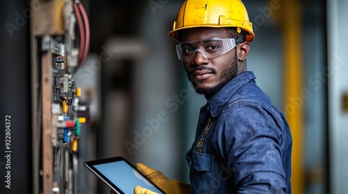 Smiling Engineer in Hard Hat Using Tablet to Inspect Machinery in Industrial Plant