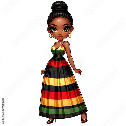 Black American Chibi Cartoon Woman with a Bun Wearing Maxi Dress in Red, Green, Yellow and Black Stripes, Clipart Illustration photo