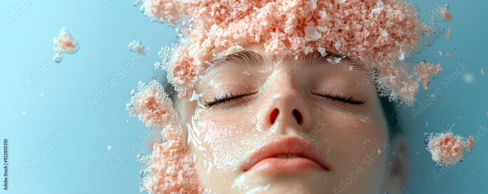A serene close-up of a woman's face with pink sea salt, immersed in calm water, evoking relaxation and beauty. A serene close-up of a woman's face with pink sea salt, immersed in calm water, evoking relaxation and beauty.