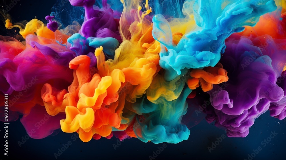 Fototapeta premium A vibrant explosion of colorful smoke and abstract shapes against a dark background.