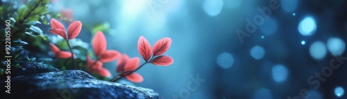 A serene close-up of vibrant red leaves surrounded by soft blue lights, creating a calming and mystical atmosphere. photo