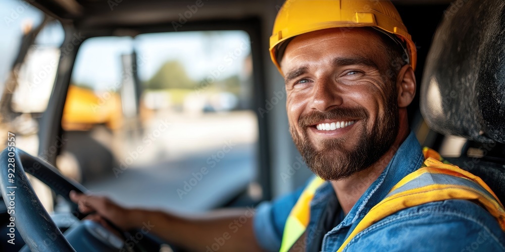 Smiling Handsome Worker Driving a Vehicle on a Busy Construction Site Smiling Handsome Worker Driving a Vehicle on a Busy Construction Site