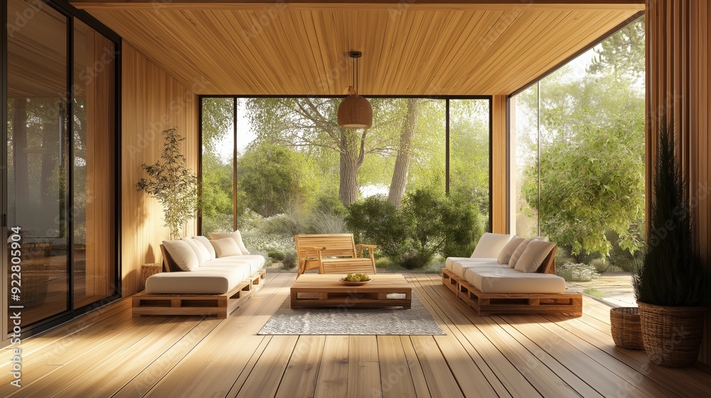 Fototapeta premium Modern wooden terrace with cozy seating, large windows, and lush green views, featuring light pine paneling and natural decor, creating a serene and inviting outdoor living space