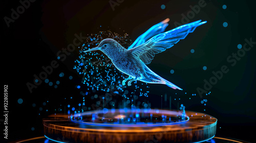 Blue hologram of a beautiful flying bird , hummingbird hovers above a circular platform, surrounded by shimmering light effects in a dark environment photo