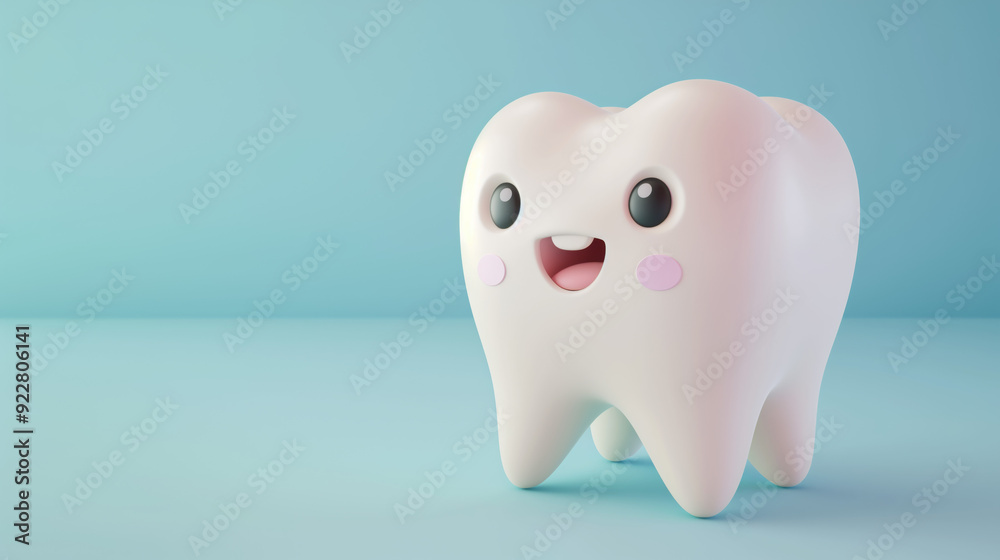 Cheerful tooth character with a smiling face displays its kawaii features against a soft pastel blue backdrop Cheerful tooth character with a smiling face displays its kawaii features against a soft pastel blue backdrop