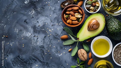 Flat lay of avocado, nuts, seeds and oil on a dark background.