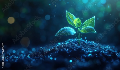 A small plant growing on the soil with data visualization lines and small particles floating around it, high technology, beautiful futuristic eco-friendly environment concept shot, ecology
