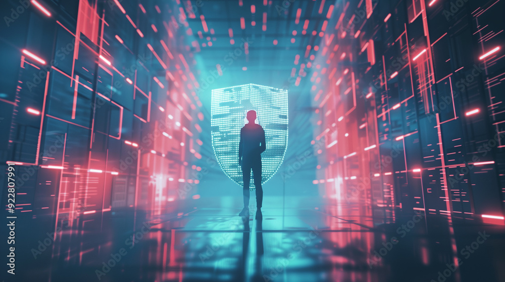 Silhouette of a person standing in a futuristic digital environment with a glowing shield icon, surrounded by red and blue data streams, symbolizing cybersecurity