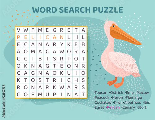 Word search puzzle with exotic birds. Education game for children. Colorful crossword for Learning English language. Cartoon spelling puzzle. Test for kids. Vector illustration.