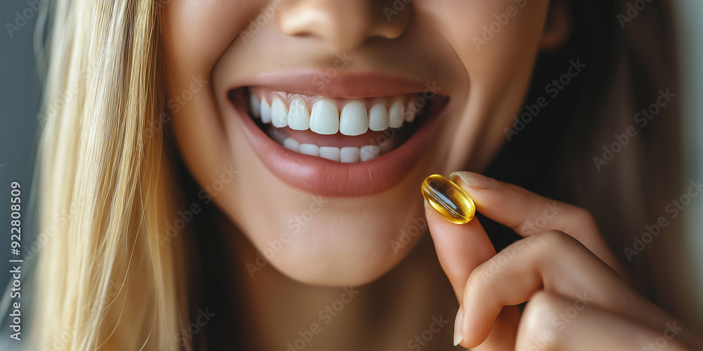 Woman is holding fish oil pill for skin hair and nails health Woman is holding fish oil pill for skin hair and nails health