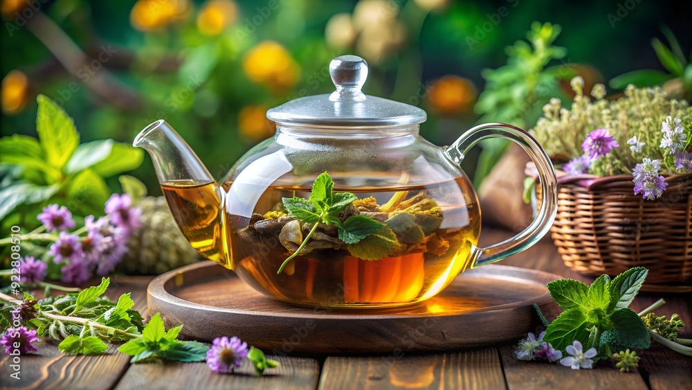 Freshly brewed herbal tea in a glass teapot with herbs Freshly brewed herbal tea in a glass teapot with herbs