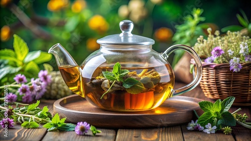 Freshly brewed herbal tea in a glass teapot with herbs