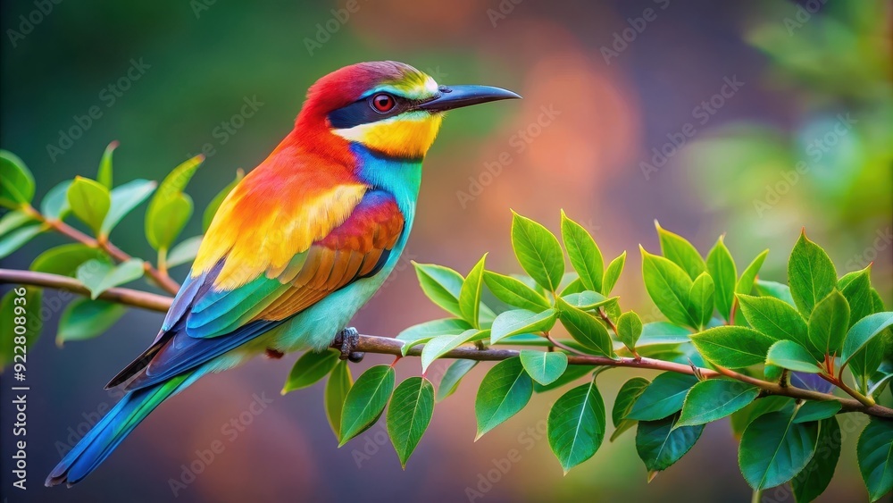 Obraz premium Colorful bird perched on branch with leaves artwork, Colorful, bird,perched, branch, leaves, artwork, nature