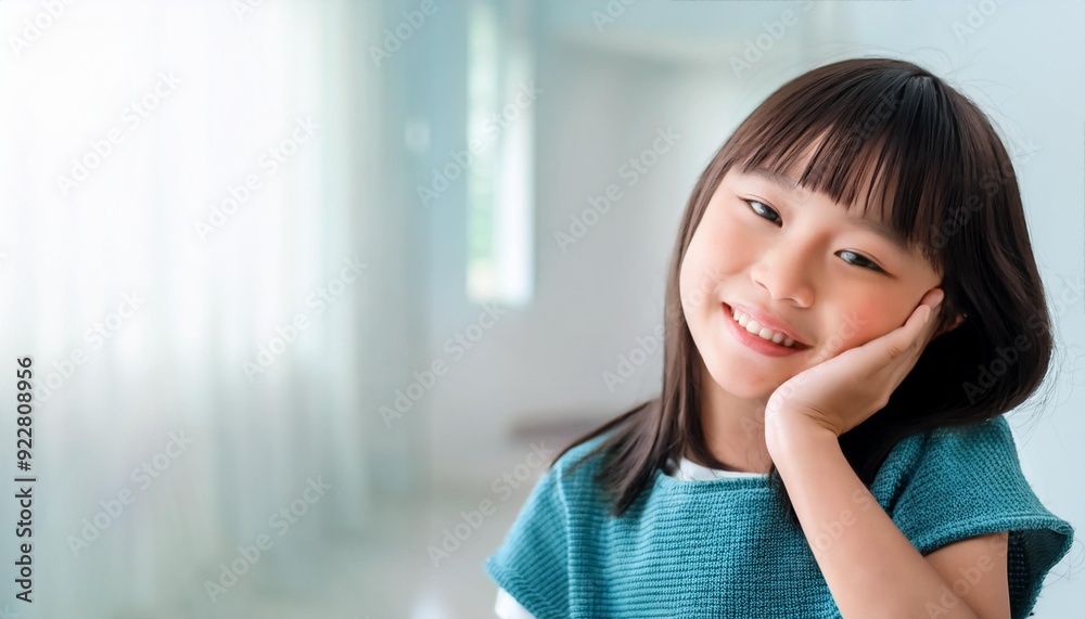 頬杖をついている笑顔の幼い少女(little girl putting her hand on her cheek)
頬杖をついている笑顔の幼い少女(little girl putting her hand on her cheek)