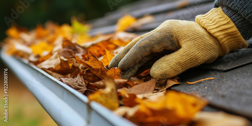 Worker cleaning fall leaves out of gutter wearing gloves photo