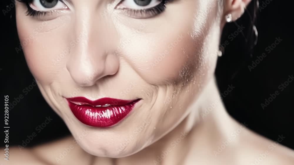 Close up of a beautiful woman with dramatic smoky eye makeup and red lipstick, creating a glamorous and seductive look for the beauty and fashion industry Close up of a beautiful woman with dramatic smoky eye makeup and red lipstick, creating a glamorous and seductive look for the beauty and fashion industry