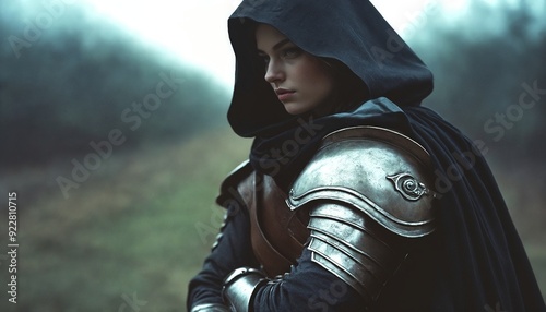 A woman in armor standing in a field. photo