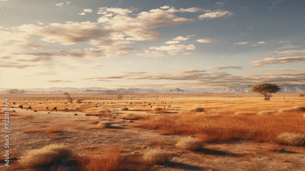 Fototapeta premium A serene landscape featuring dry grasslands, distant mountains, and a solitary tree under a cloudy sky.