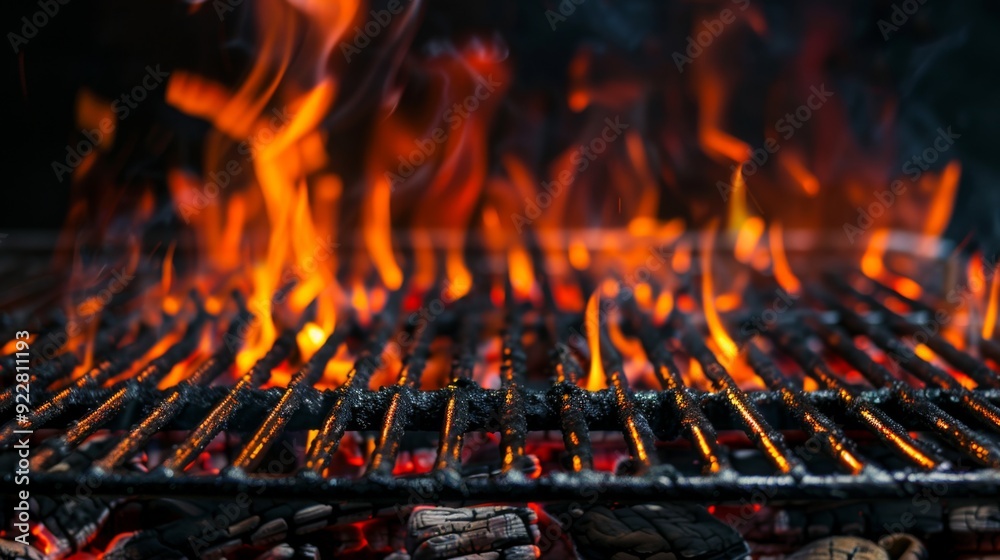A close-up view of an outdoor barbecue grill featuring vibrant flames and glowing coals, capturing the essence of grilling with its lively and fiery atmosphere, perfect for summer cookouts. A close-up view of an outdoor barbecue grill featuring vibrant flames and glowing coals, capturing the essence of grilling with its lively and fiery atmosphere, perfect for summer cookouts.