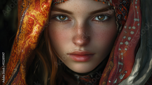 beautiful Eastern European woman with stunning gaze models head scarf with her blushing cheeks and pouty lips