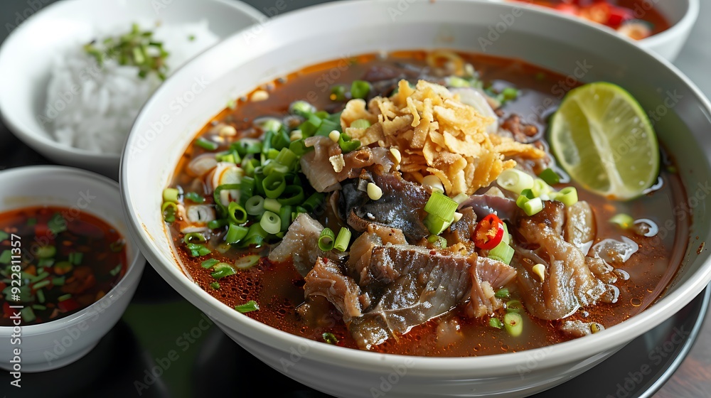 Delicious sour and spicy catfish soup with a hint of lime and fried shallots served with steamed rice and green onions in a traditional Indonesian bowl Delicious sour and spicy catfish soup with a hint of lime and fried shallots served with steamed rice and green onions in a traditional Indonesian bowl